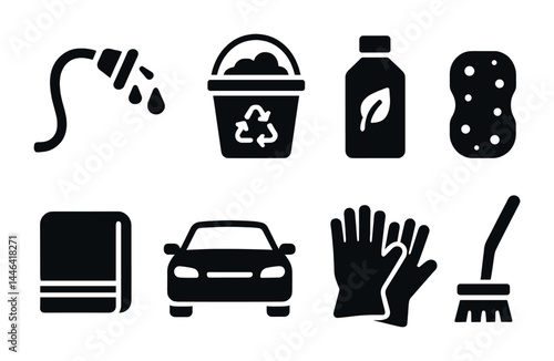 Eco-friendly cleaning solid icon set – design environmental hygiene solution symbols with flat style: shower, recycling bin, bottle, sponge, towel, car, gloves, broom