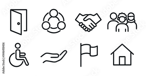 Community support icon set – outline style social services, accessibility, and inclusivity symbols for public engagement: open door, handshake, group, wheelchair, helping hand.