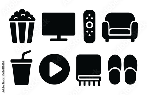 Home entertainment silhouette icons set - solid style leisure, relaxation, and media symbols for cozy living: tv, couch, remote, popcorn, slippers, drink, blanket, play button.
