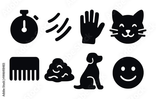 Pet care solid icons set - filled style for animal grooming and veterinary: stopwatch, wave signals, hand, cat face, comb, pet food, dog, smile