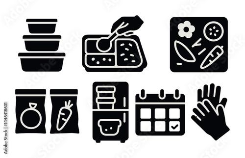 Meal prep and storage solid icons set – flat style cooking, organization, and kitchen symbols: containers, bento, meal plan, freezer, calendar, gloves, vegetables.