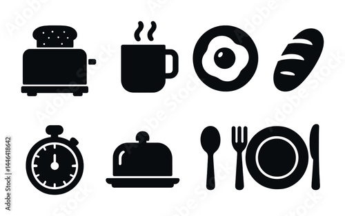 Breakfast silhouette icons set – solid style morning, meal, and kitchen symbols for culinary designs: toaster, coffee mug, fried egg, bread, timer, serving dish, utensils.