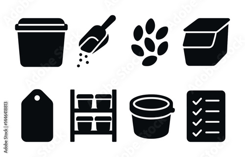 Kitchen storage silhouette icons – solid style with organization and pantry essentials: container, scoop, seeds, box, tag, shelf, bowl, checklist.
