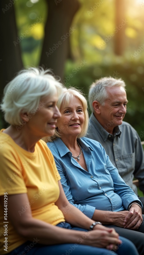 A group of three older people sitting on a bench in the woods. A group of three older people sitting on a bench in the woods.