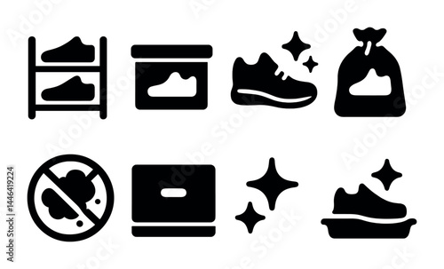 Shoe care and maintenance icon set – solid style footwear cleaning, preservation, and protection symbols: shoe rack, shoe box, shiny shoe, dust bag, anti-dust, shoebox, sparkling, washing shoe.