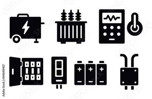 Power and energy icons set – solid style electricity, technology, and renewable energy symbols: generator, transformer, meter, circuit breaker, battery, switch, panel