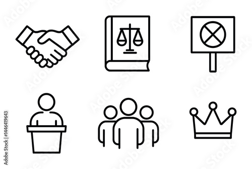 Political campaign and democracy outline icon set – linear style election, governance, and civic engagement symbols: handshake, scales, ballot, podium, voters, crown.