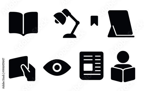 Reading and literature solid icons set – silhouette style educational, literary, and book symbols for learning: book, lamp, bookmark, ebook, article, eye, reader.