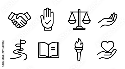 Ethics and morality icon set – outline style justice, integrity, and virtue symbols for ethical guidance: handshake, hand with checkmark, scales, open book, torch, heart in hand.