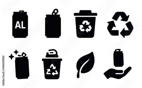 Recycling and sustainability solid icons – silhouette style eco-friendly, green living essentials: aluminum can, drink can, recycling bin, recycle symbol, leaf, hand holding can.