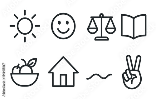 Happiness and wellness outline icons set – line style positive emotions, balance, and lifestyle symbols for mindfulness: sun, smile, scales, book, fruit bowl, house, peace sign.