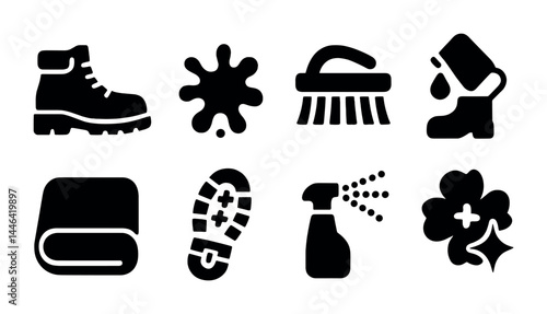 Cleaning and maintenance solid icons set – silhouette style housekeeping, hygiene, and sanitation symbols for service essentials: boot, splash, brush, glove, cloth, sole, spray, clover.