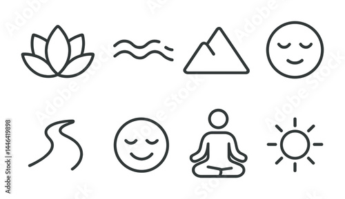 Mindfulness and meditation icon set – outline style wellness, relaxation, and self-care graphics: lotus, waves, mountain, calm face, path, yoga pose, sun.