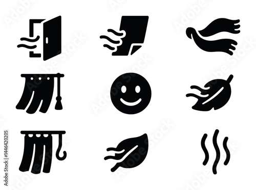 Breeze and wind solid icons set – flat style nature, weather, and environment symbols for eco projects: door, paper, scarf, curtains, smiley, feather, leaf, waves.