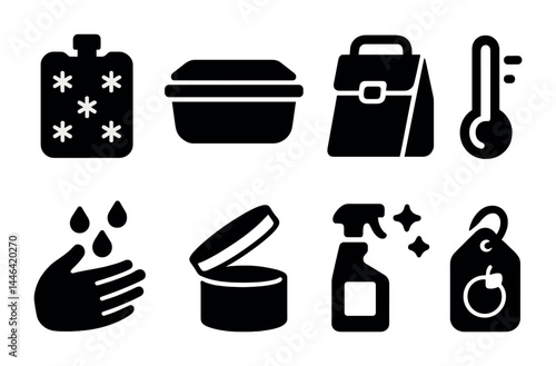 Winter essentials solid icon set – filled style cold weather, cozy, and protection symbols for seasonal use: hot water bottle, lunchbox, briefcase, thermometer, handwashing, moisturizer, cleaning