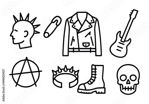 Punk rock icon set – outline style music, fashion, and culture symbols for graphic design: jacket, guitar, skull, mohawk, safety pin, anarchy symbol, boot, bracelet.