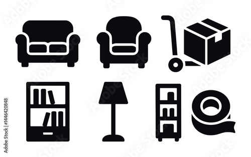 Home furniture and moving silhouette icons set – solid style living room and relocation symbols for interior design: sofa, armchair, box, cart, bookshelf, lamp, tape.
