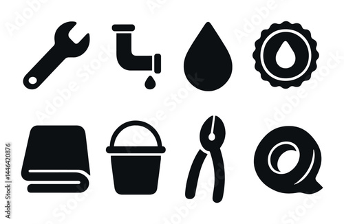 Home repair and maintenance solid icons set – silhouette style for diy, plumbing, and toolkits: wrench, pipe, water droplet, bucket, pliers, tape, towel.