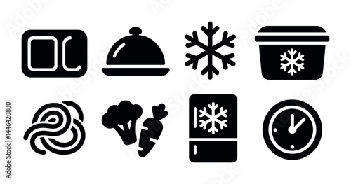Kitchen and cooking solid icons set – filled style culinary, food preparation, and storage symbols: cutting board, cloche, snowflake, freezer, pasta, broccoli