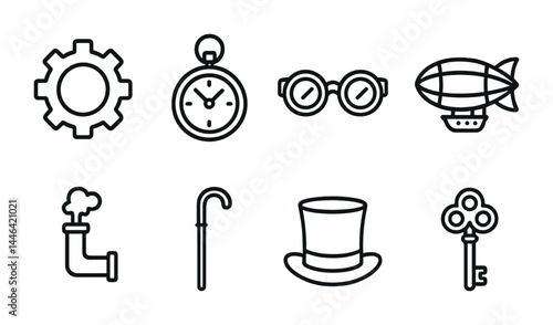 Vintage steampunk icon set – linear style gear, key, and timepiece symbols for retro aesthetic design: gear, clock, goggles, airship, pipe, cane, top hat, key