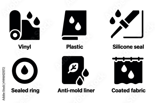 Water-resistant materials solid icon set – filled style waterproof, durable, and protective symbols for design: vinyl, plastic, silicone seal, sealed ring, anti-mold liner, coated fabric.
