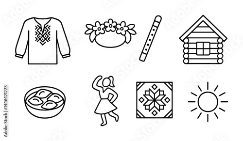 Traditional ukrainian culture outline icon set - linear style folklore, heritage, and customs symbols: embroidered shirt, flower crown, pan flute, log cabin, vareniki, dance, pattern, sun.