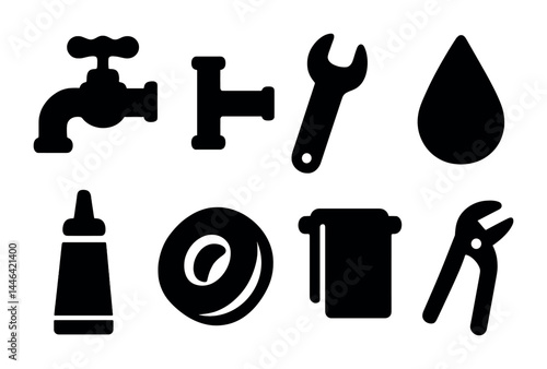Plumbing tools solid icon set – filled style water supply, maintenance, and repair symbols for construction: faucet, pipe, wrench, water drop, caulk tube, tape, towel, pliers.