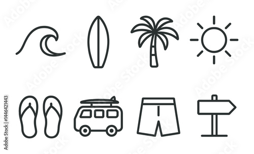 Beach and surfing outline icon set – linear style vacation, summer, and ocean symbols: wave, surfboard, palm tree, sun, flip flops, van, shorts, signpost.