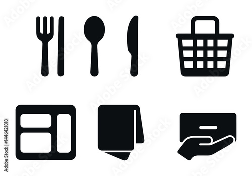 Kitchen and dining solid icon set – flat style cooking, eating, and tableware symbols for culinary projects: fork, spoon, knife, basket, menu, napkin, hand, card.