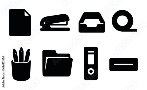 Office supplies solid icons set – minimalist style business, stationery, and desktop elements for productivity: document, stapler, tape dispenser, folder, pen holder