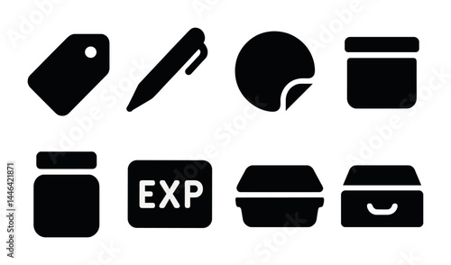 Business and office icons set – solid style stationery and productivity symbols for professional tools: tag, pen, sticker, box, jar, expiration, container.