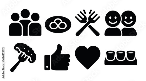 Dining and social interaction solid icons set – silhouette style for community, food, and relationship themes: group, meal, forks, people, taco, thumbs up, heart, cups.