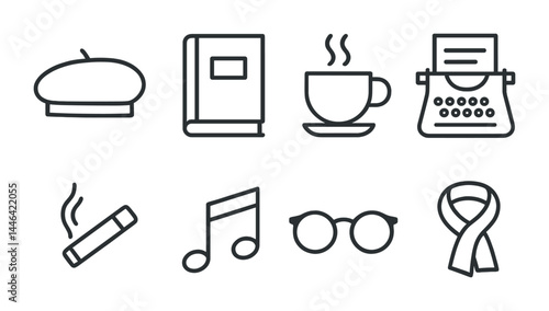 Writer's essentials icon set – outline style for authors and literature enthusiasts: beret, book, coffee cup, typewriter, cigar, music note, glasses, ribbon