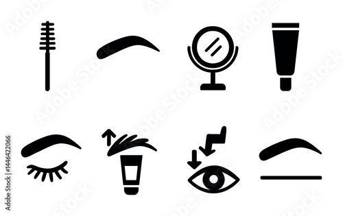 Beauty and makeup silhouette icon set – stylish cosmetics, facial care, and glamour symbols for beauty enthusiasts: mascara, eyebrow, mirror, tube, eye shadow