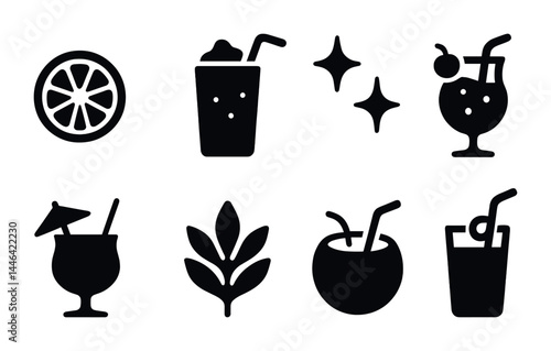 Tropical beverage silhouette icons – solid style for refreshing drink, summer, and cocktail themes: coconut drink, lemonade, cocktail glass, fruit slice, tropical leaf.