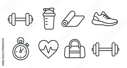 Fitness and gym outline icon set – line style for workout and exercise planning: dumbbell, shaker, yoga mat, sneaker, stopwatch, heart rate, gym bag