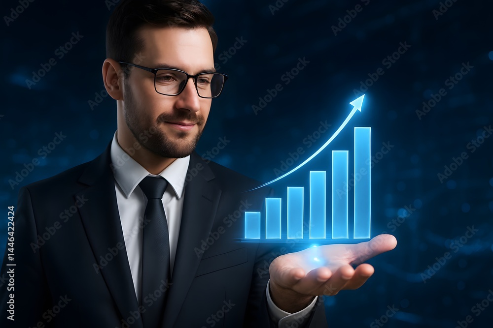 A confident caucasian man in a tailored suit holds a glowing bar chart rising toward the sky. Concept of business growth and strategic success. A confident caucasian man in a tailored suit holds a glowing bar chart rising toward the sky. Concept of business growth and strategic success.