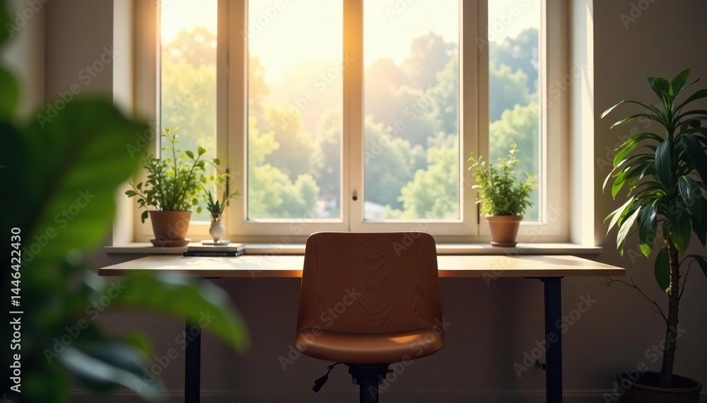 Empty chair at desk facing window, plant in foreground , stay at home, quiet Empty chair at desk facing window, plant in foreground , stay at home, quiet