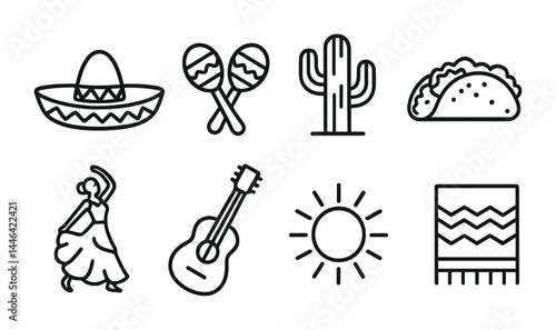 Mexican culture outline icons set – linear style for heritage, tradition, and celebration themes: sombrero, maracas, cactus, taco, flamenco dancer, guitar, sun, blanket.