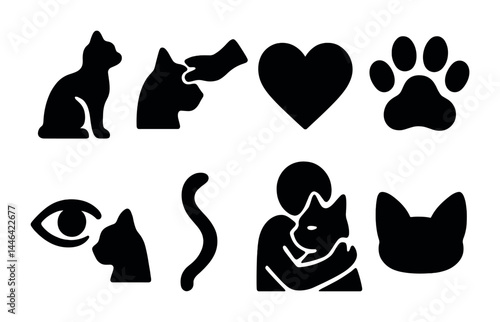 Pet care silhouette icon set – solid style animal companions, love, and protection symbols: cat, dog, heart, paw, eye, petting, hugging, cat profile