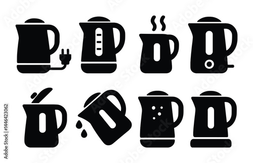Kitchen appliances solid icons set – silhouette style for cooking, home essentials, and modern design: kettle, blender, coffee maker, toaster, microwave, mixer, oven.