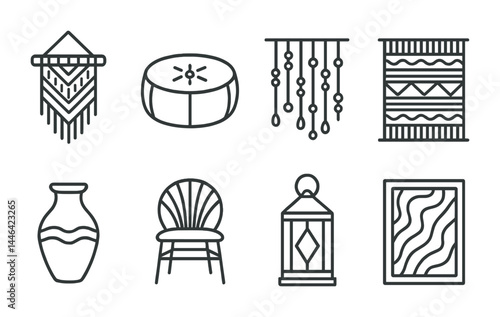 Modern boho home decor icons - outline style for interior design, minimalist art, and cozy living: tapestry, pouf, beads, rug, vase, chair, lantern, frame.