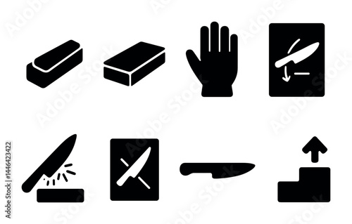 Blade sharpening icons set - solid style for knife maintenance and safety: whetstone, sharpening block, protective glove, sharpening motion, knife on stone