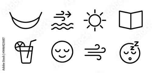 Relaxation and leisure outline icons set – line style calm, peace, and vacation symbols for stress relief: hammock, waves, sun, map, drink, face, breeze, sleep.