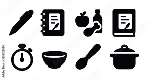Culinary solid icon set – filled style cooking, kitchen, and recipe symbols for food preparation: pen, recipe book, apple, ingredients, timer, bowl, spoon, pot.
