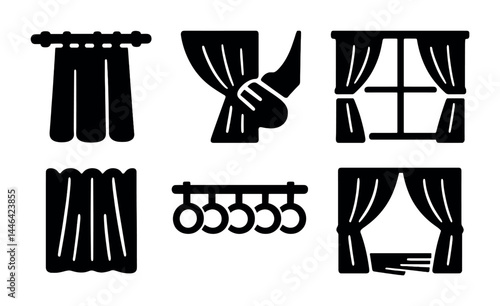 Window curtains solid icon set – filled style home decoration, interior design, and drapery symbols for stylish spaces: curtain rod, tieback, drapes, windowpane, valance.