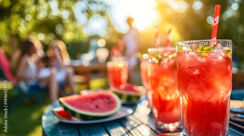Vibrant summertime beverages on a garden table.