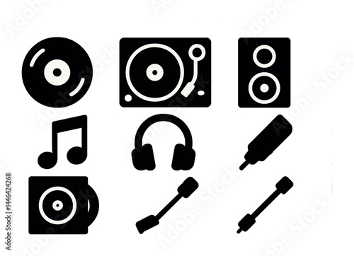 Music and audio equipment icons set – solid style dj, sound, and entertainment symbols for creative projects: vinyl, turntable, speaker, headphones, musical note, microphone.