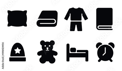 Sleep and relaxation solid icons set – flat style bedtime, comfort, and night routine symbols for relaxation: pillow, blanket, pajamas, book, nightcap, teddy bear, bed, alarm clock.