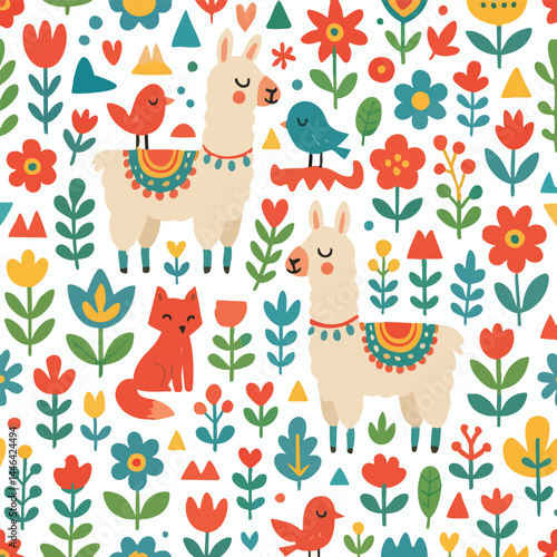  llamas, birds, flowers, and leaves print design in vector